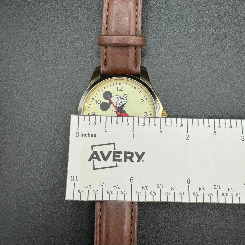Vintage Mickey Mouse Disney Wide Face Analog Watch with Brown Leather Band